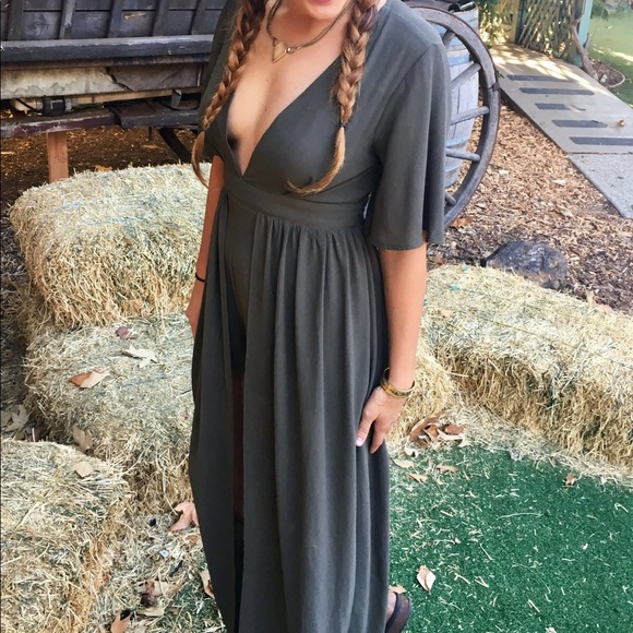 Olive Green Romper with Long Cape Skirt - Picture 3 of 8